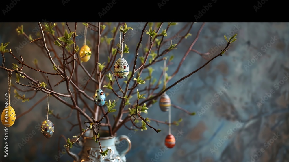 Aufkleber easter home decor craft concept a vase filled with branches with easet craft eggs hanging on it : ge