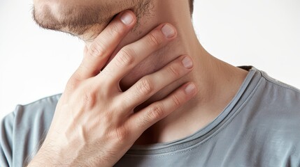 A man with a sore throat. touching their neck and looking uncomfortable. on white background. with white space