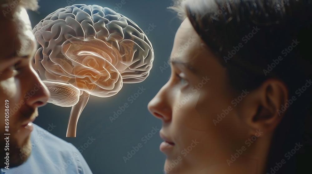 Aufkleber a man and a woman are looking at a medical image of a brain : generative ai