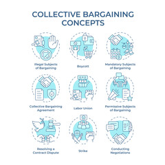 Collective bargaining soft blue concept icons. Labor unions, working conditions. Employees protests. Icon pack. Vector images. Round shape illustrations for infographic, presentation. Abstract idea