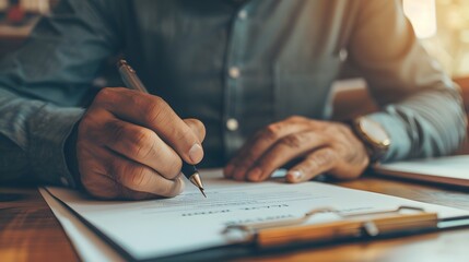 Close-up of a businessman's hand signing a contract., clean background, Photo stock style, clean background, no copyrighted logo, no letters