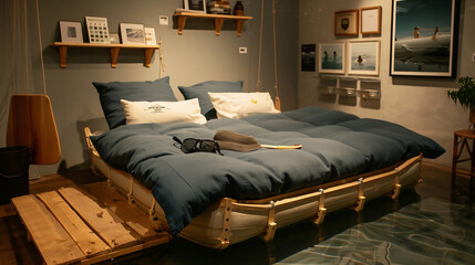 Marine style in the interior of the apartment - a sofa with pillows.