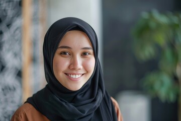 Portrait of Young Asian Muslim woman wearing hijab smiling to the camera