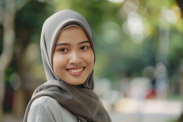 Portrait of Young Asian Muslim woman wearing hijab smiling to the camera