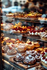 Professional Photography of a pastry shop window. Displaying attractive pastries to passersby, Generative AI