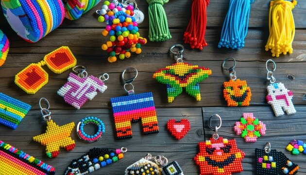 Colorful perler bead keychains and accessories arranged on a wooden table, showcasing vibrant handmade designs.