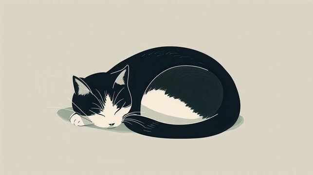 Illustration of a black and white cat peacefully sleeping curled up on a light background, showcasing the tranquility and beauty of pets.