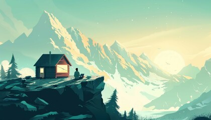 Mountain retreat with a small cabin, a person meditating, and stunning snowy peaks at sunrise. A serene and tranquil winter scene.