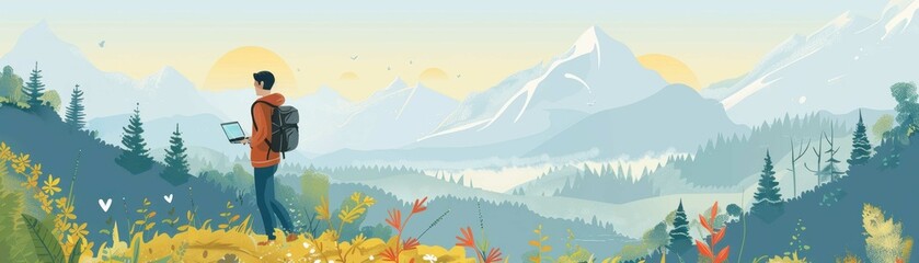 Fototapeta premium Person with a backpack stands on a mountain with a laptop, overlooking a scenic alpine landscape with colorful foliage and distant peaks.