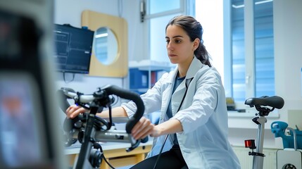 Female doctor cardiologist making bicycle electrocardiogram for examination cardiovascular system of patient at medical office of clinic Young woman training on bike simulator Exercise : Generative AI