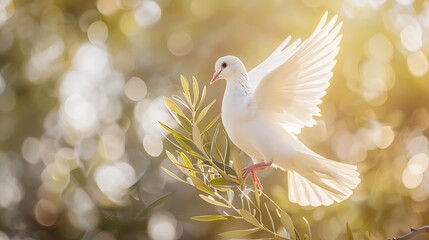 Obraz premium White Dove carrying olive leaf branch on Beautiful light and lens flare Freedom concept and international day of peace Free Clipping path : Generative AI