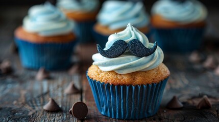 Muffin with a masculine theme with mustache decoration and blue cream. Concept for Father's Day, men's birthday.Muffins on a rough wooden board with chocolate drops