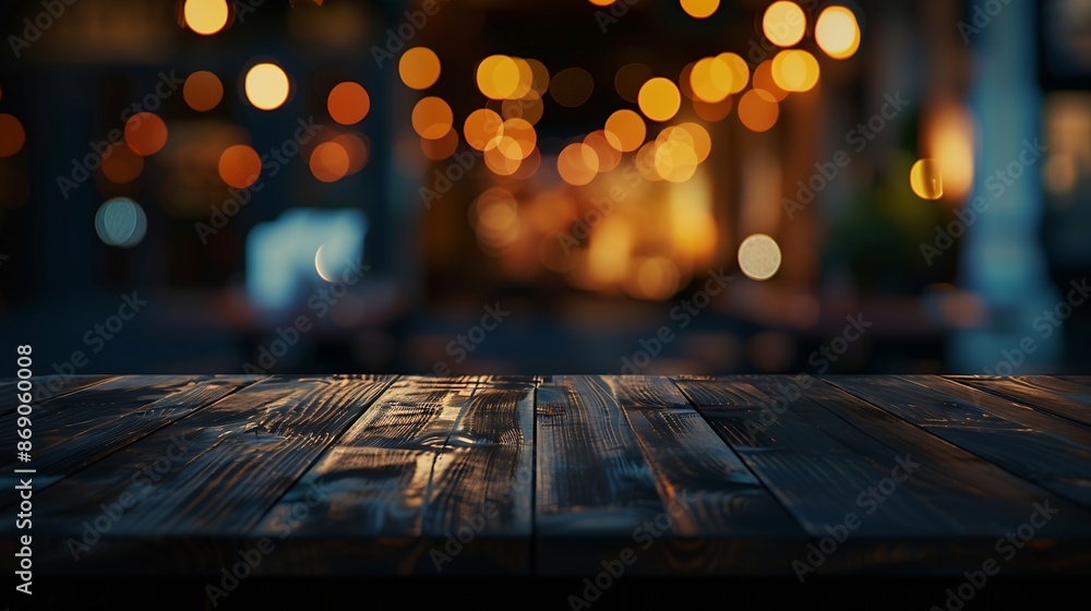 Aufkleber empty dark wooden table in front of restaurant abstract blurred bokeh background can be used to demo