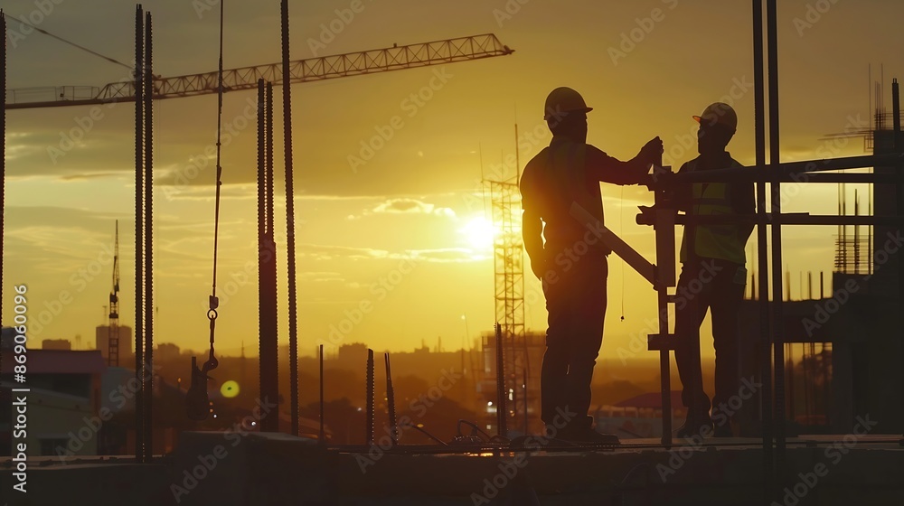 Poster Silhouette of Engineer and worker checking project at building site background construction site at sunset in evening time : Generative AI