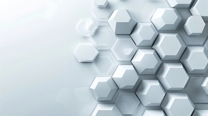 Abstract background of white hexagons with copy space. Modern, clean, and geometric design. Ideal for technology, science, or futuristic concepts.