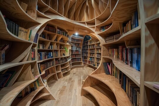 Room showcasing an abundance of wooden shelves brimming with books, A whimsical library with twisting bookshelves and hidden nooks