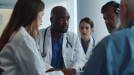 Fototapeta premium A diverse group of healthcare professionals including doctors nurses and specialists engaging in a collaborative meeting to discuss medical cases and share expertise in a hospital : Generative AI