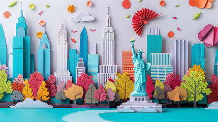 Papercut Design of New York city featuring skyline and iconic landmarks, statue of liberty, empire state building, central park