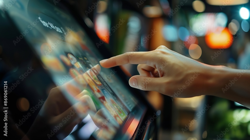 Poster selective focus to customers hand is touching a touch screen to order food and pay electronically : 