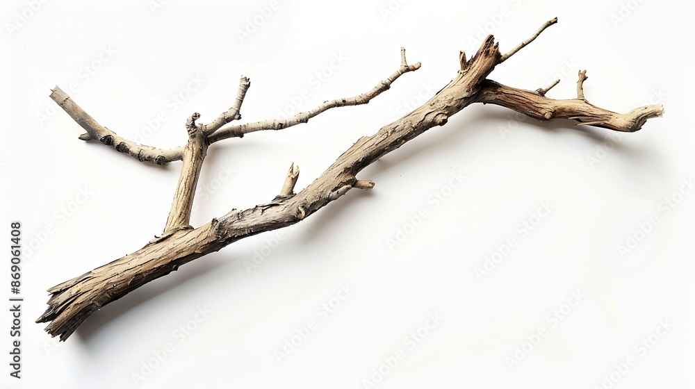 Poster dry tree twig and branch with knots isolated white background dry brushwood stick tree pieces of bro