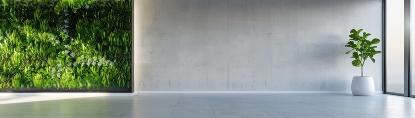 Obraz premium Modern minimalist interior with concrete wall, large windows, and green plants creating a serene and stylish environment with natural light.