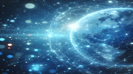 Blue abstract background with network grid and particles