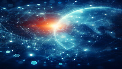 Obraz premium Blue abstract background with network grid and particles