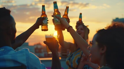 Vertical Excited happy group friends toasting bottles of beer at dusk at rooftop party Gathering of cheerful young people on summer day outdoors celebrating birthdays and having fun on : Generative AI