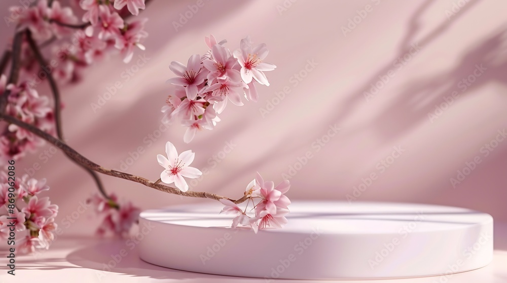 Poster empty podium or pedestal with spring bloom mock up for cosmetic products : generative ai