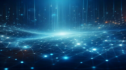 Obraz premium Blue abstract background with network grid and particles