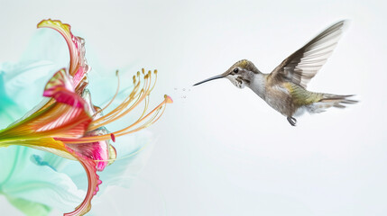 Fototapeta premium Hummingbird close-up by colorful flower, detailed feathers and delicate features on clean background. Perfect for bird photography or natural history museum promotions.