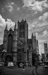 Black and White View of the Historic Saint Nicholas' Church with Urban Scene - Ghent, Belgium
