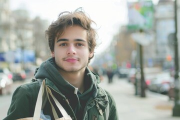 Fototapeta premium Portrait of Young man with grocery bag