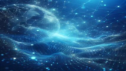 Blue abstract background with network grid and particles
