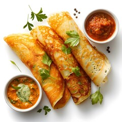 Indian food dosa with coconut chutney and red chutney
