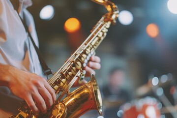 Obraz premium Masterful Saxophonist: Close-up of Skilled Musician Playing Jazz, Captivating Concert Moment