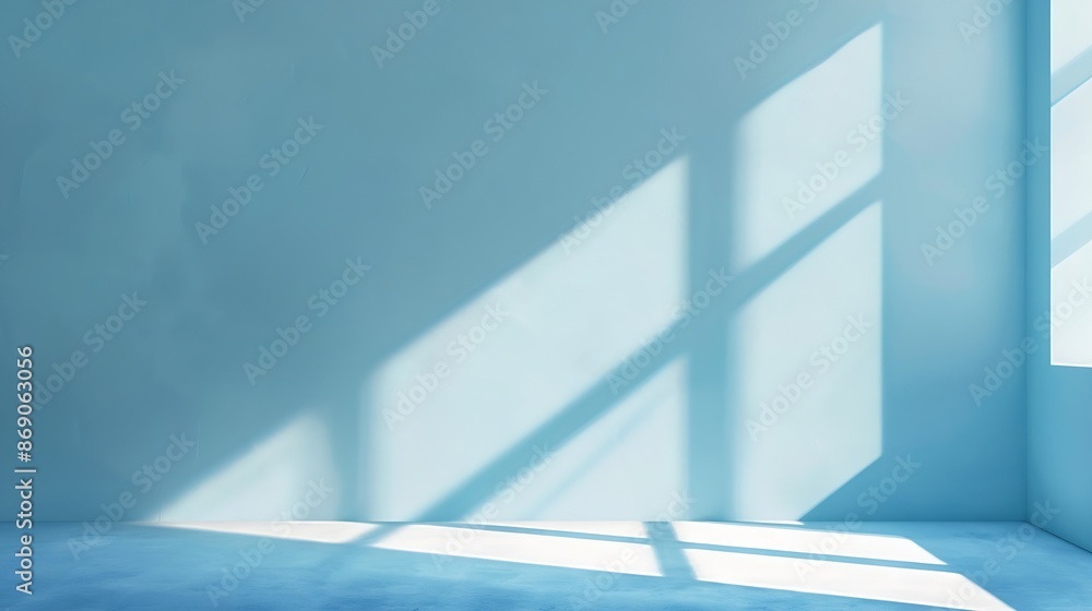 Poster Minimalistic simple abstract light blue background for product presentation Shadow and light from windows on wall : Generative AI