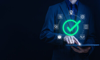 detail business verify task, checkmark in the survey item on a tablet. checklist concept, tick mark evaluation in options check form online, tick process order, task audit in a list of documents