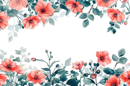 A floral border with elegant red flowers and green leaves arranged artistically around the edges of a white background. The design is a perfect frame for invitations and greeting cards.
