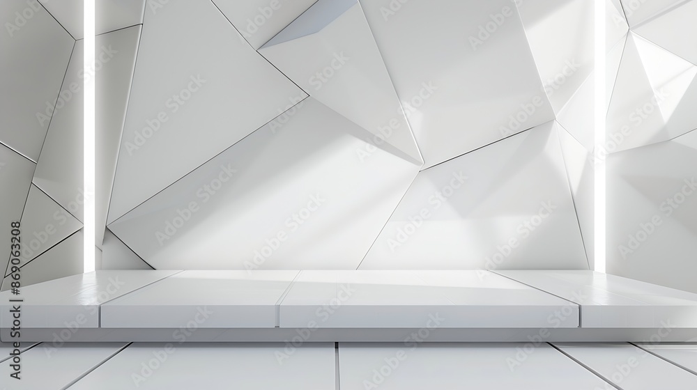 Poster Soft light white abstract stage in elegant futuristic geometric style with simple lines and corners polygons as background with white wood shelf for advertisement presentation products : Generative AI