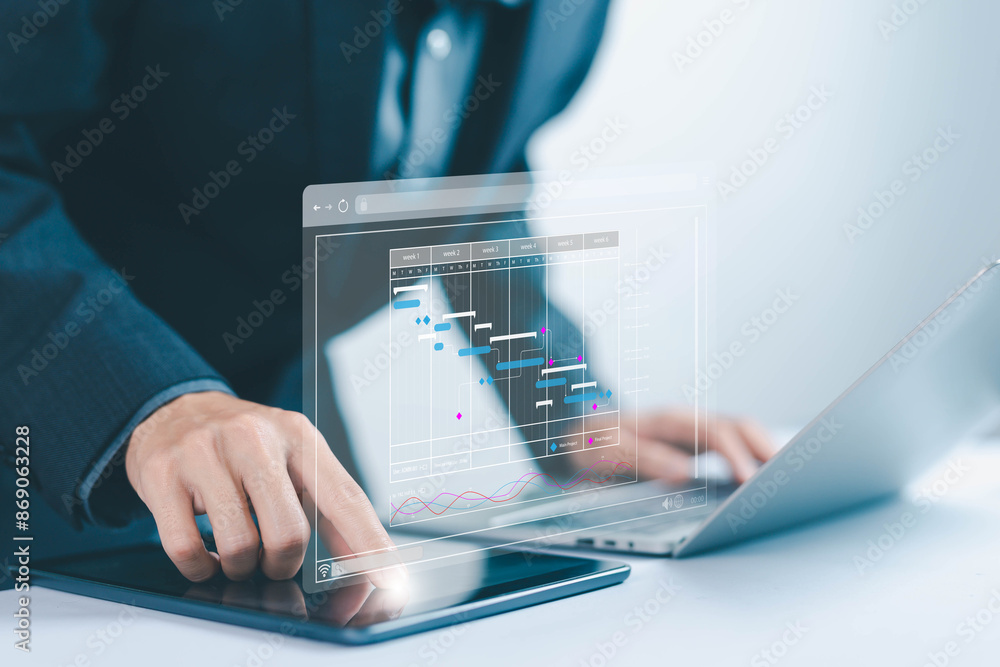 Poster updating and managing milestones on a timeline gantt chart in technology online, schedule plan manag
