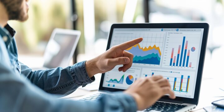 A person points at detailed graphs and charts displayed on a laptop screen, showcasing analytical skills and data interpretation essential for modern business decision-making.