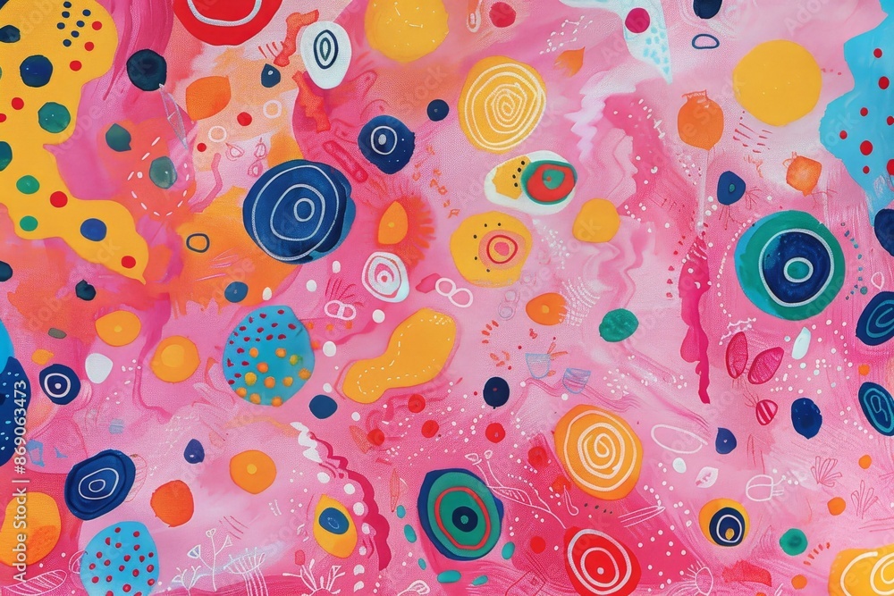 Poster abstract painting featuring circles and dots on a pink surface, a whimsical pink background filled w