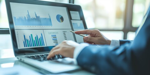 A professional analyzes varied data on a laptop screen in a brightly lit office environment, representing the integration of technology and business intelligence for better insights.