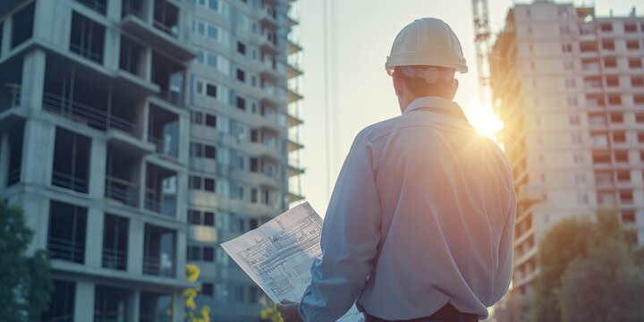 An experienced construction engineer in a hard hat is reviewing detailed site plans while standing at a construction site during sunset, highlighting ongoing urban development efforts.