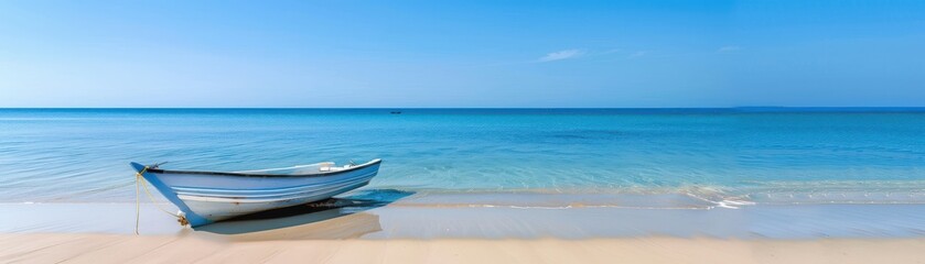 Naklejka premium Serene coastal scene with a boat resting on a pristine sandy beach against a calm, clear blue sea under a bright, cloudless sky.