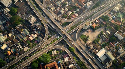 Naklejka premium Aerial top down view of a multilevel road junction on Jakarta city during sunny summer day with light traffic : Generative AI