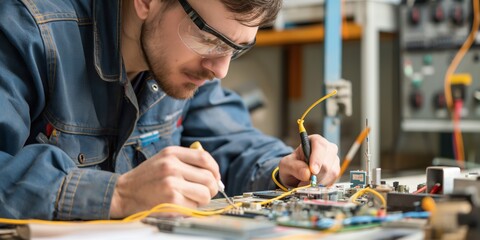 A skilled technician in a blue work uniform is carefully soldering intricate circuit board components in a workshop, showcasing precision and attention to detail in electronics engineering.