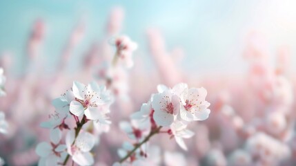 Beautiful close-up of cherry blossoms in full bloom with soft pink petals under a clear blue sky. Perfect for spring and nature-themed designs.