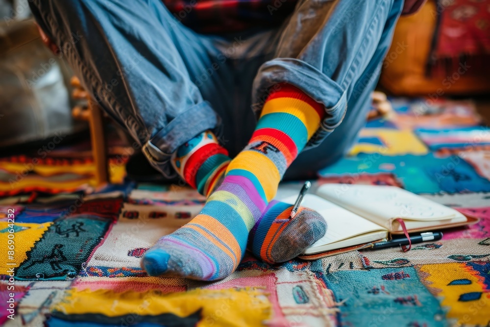 Poster a person wearing mismatched colorful socks writing notes in a notebook, a whimsical professor with c
